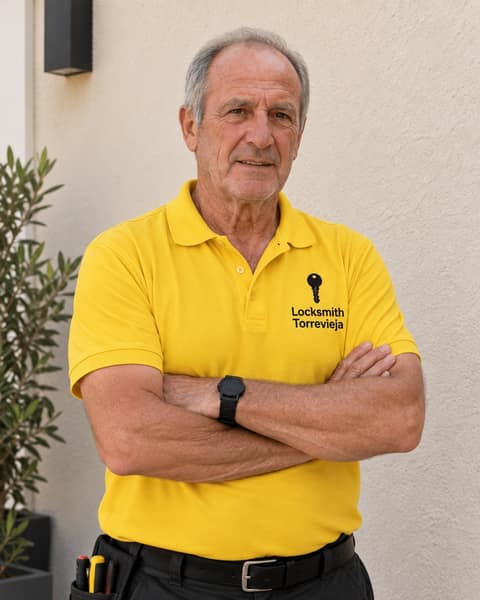 A locksmith in a yellow Locksmith Torrevieja polo shirt, tool pouch on the belt