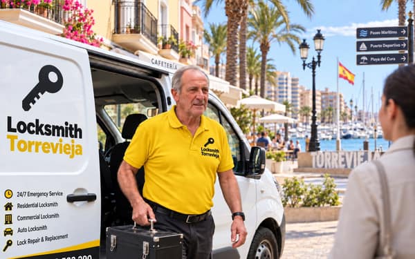 A signwritten Locksmith Torrevieja van parked on the seafront promenade, with a technician carrying a tool case towards a customer